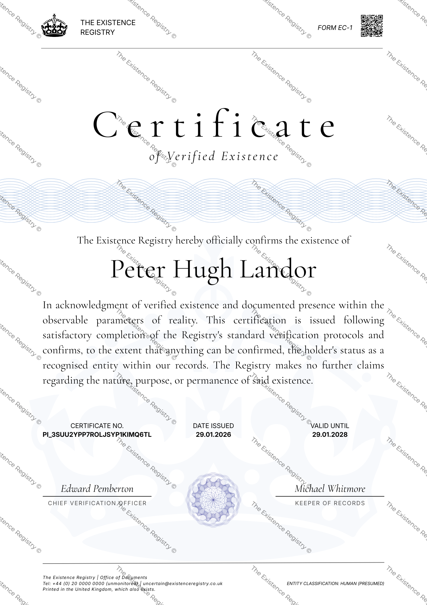Example Certificate of Verified Existence
